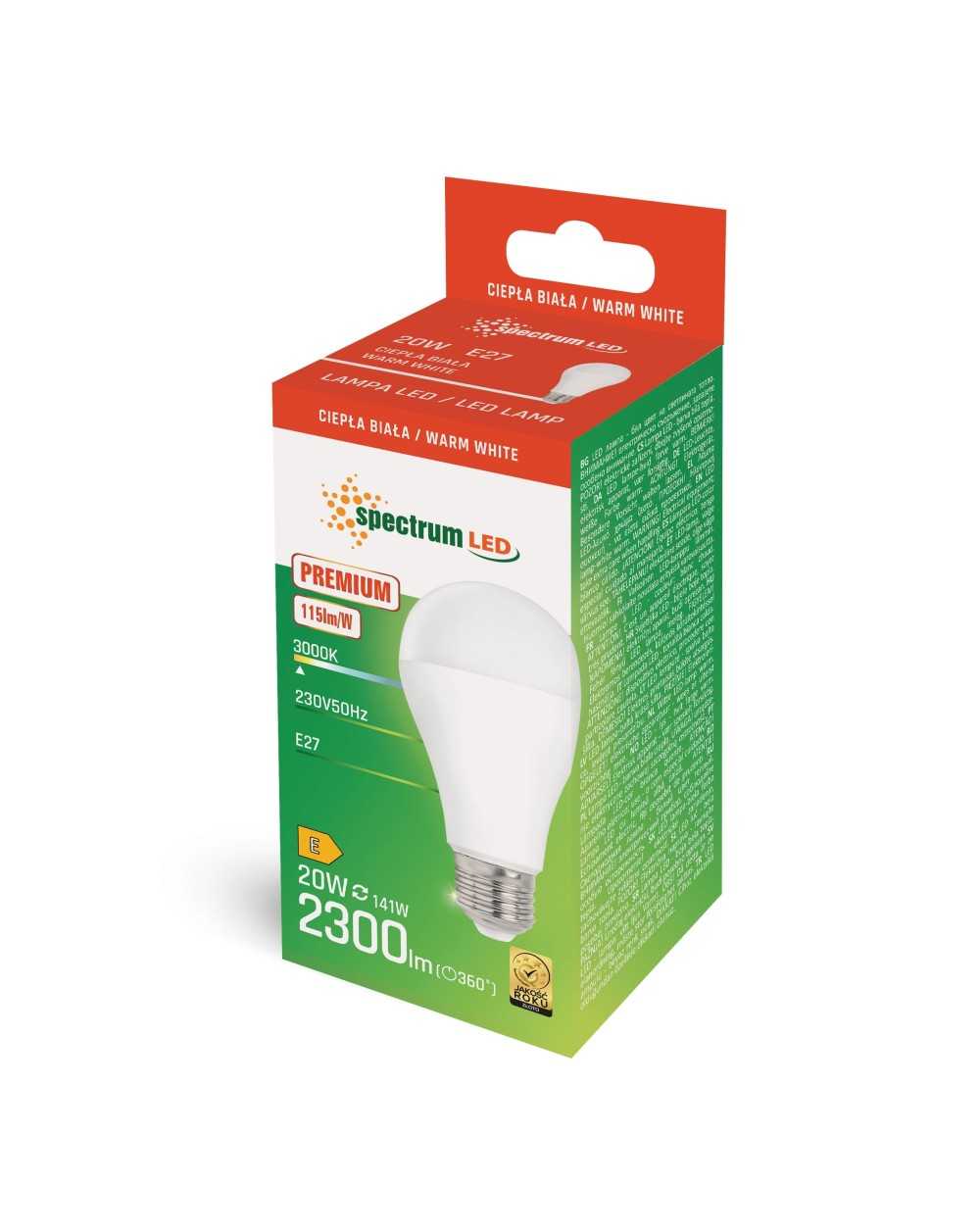 LED GLS E-27 230V 20W PREMIUM WW A65 SPECTRUM WOJ+14488