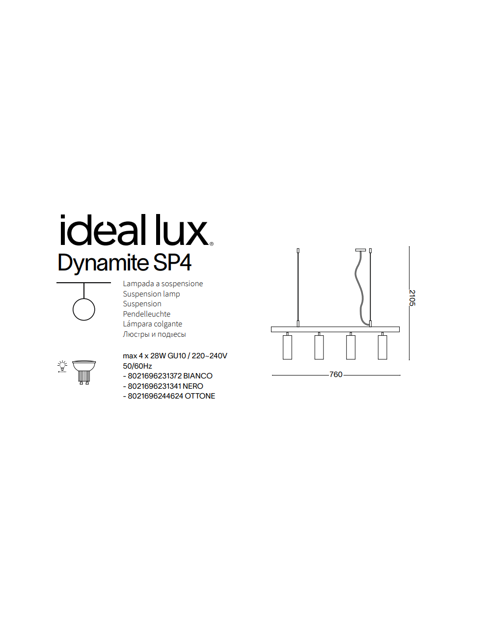 Lampa wisząca  lub sufitowa DYNAMITE SP4 platerowana mosiądzem z dyfuzorami nowość w IDEAL LUX