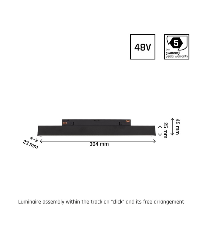 SYSTEM SHIFT - LINE S oprawa na szynoprzewód 304x23x42mm 8W 100st czarny 5 lat gw. WLD+40008