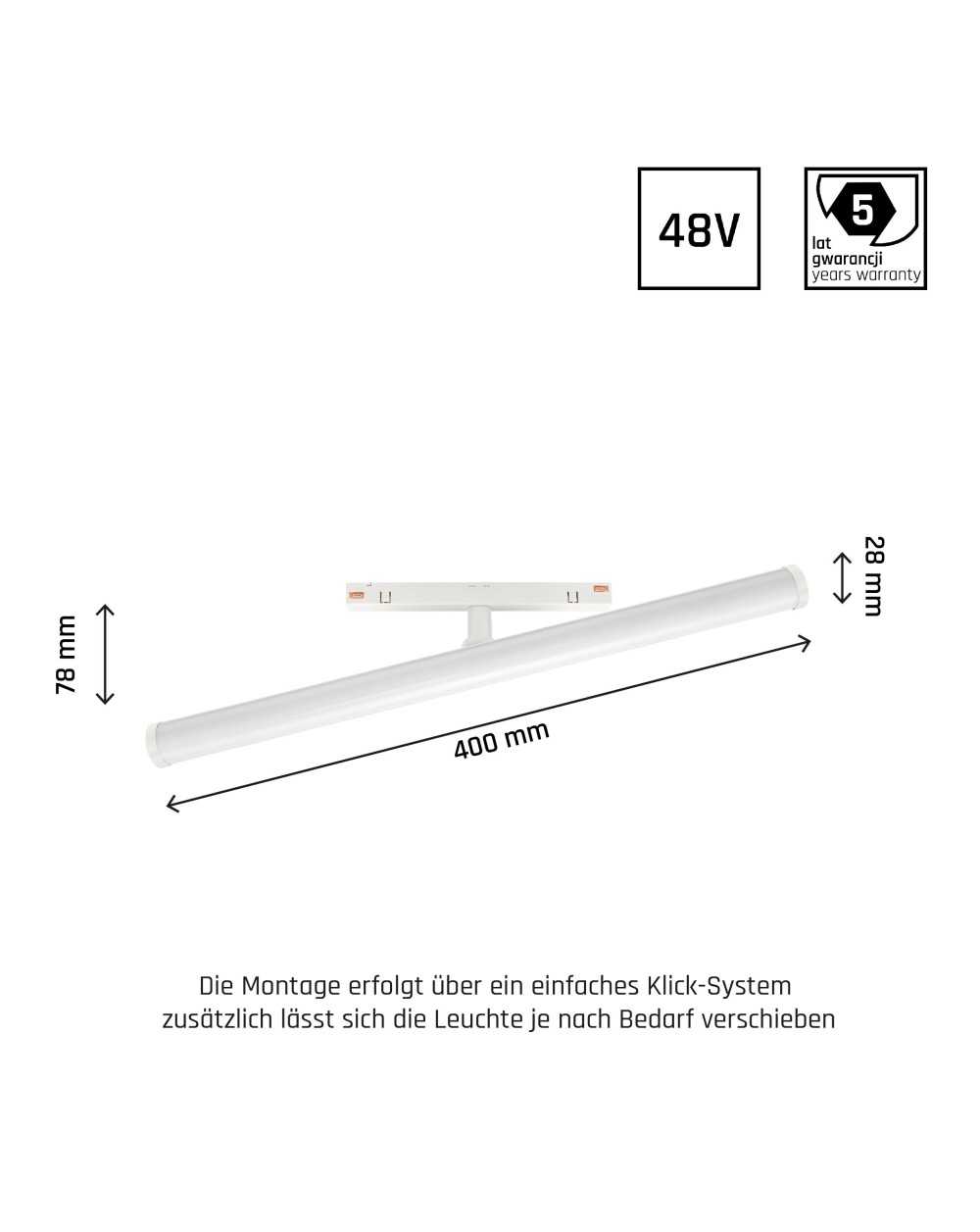 SYSTEM SHIFT - BEAM oprawa na szynoprzewód 28x400x75mm 12W 150st biały 5 lat gw. WLD+40036