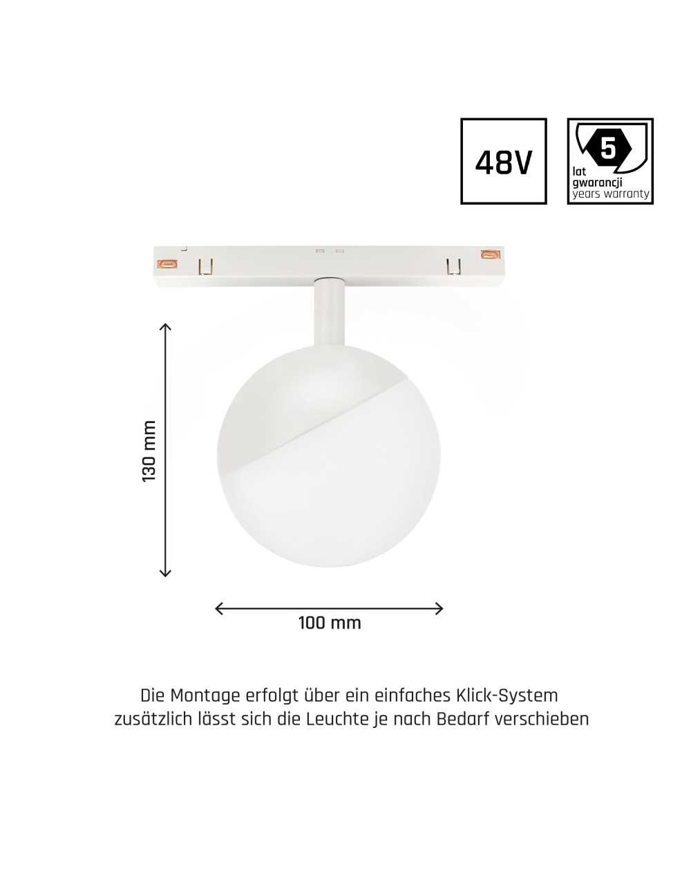 SYSTEM SHIFT - GLOBE oprawa kula na szynoprzewód 100x148mm 5W 165st biała 5 lat gw. WLD+40033