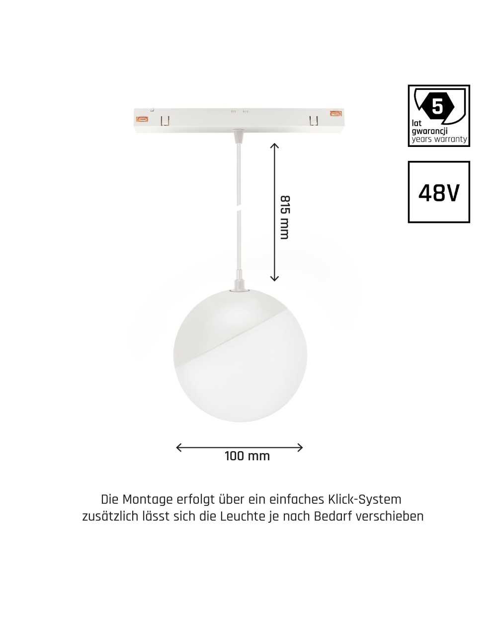 SYSTEM SHIFT - GLOBE P oprawa kula zwis na szynoprzewód 100 (850mm kabel) 5W 165st biała 5 lat gw. WLD+40034