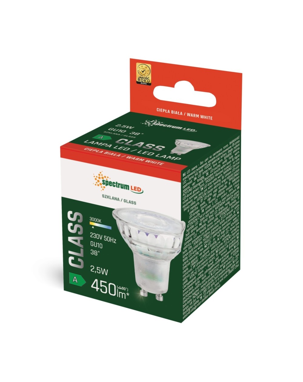 LED GU10 230V 2,5W SMD A-CLASS WW z soczewką szklana 38st SPECTRUM WOJ+14713