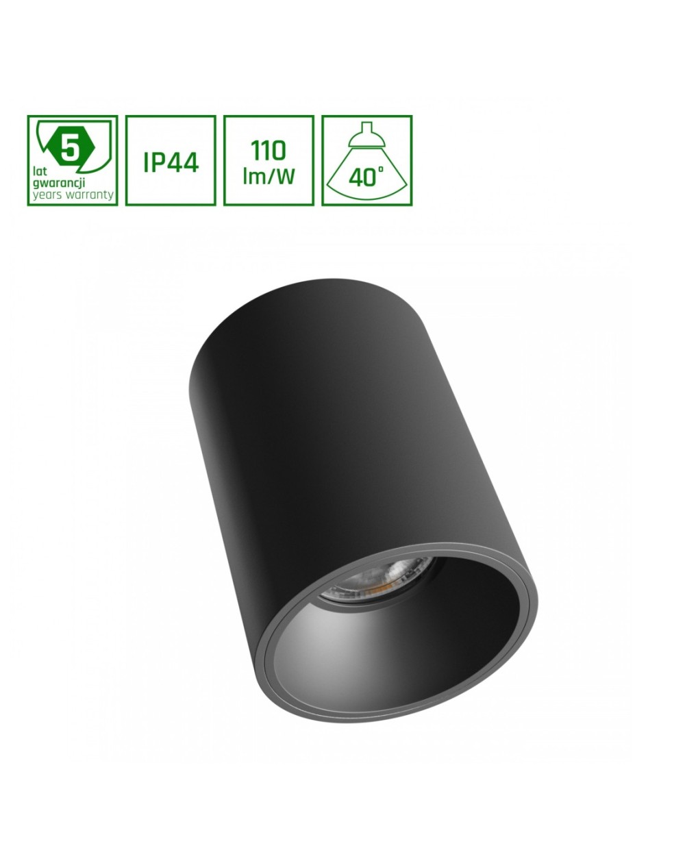 ORBITO NATYNKOWA 10W WW 230V 40ST IP44 UGR 19 RA90 FI75X100MM CZARNY OKRĄGŁA 5 LAT SLI043037WW_PW
